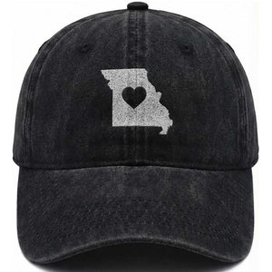 Missouri Home Distressed Missouri State Map with Heart Washed Cotton Baseball Cap