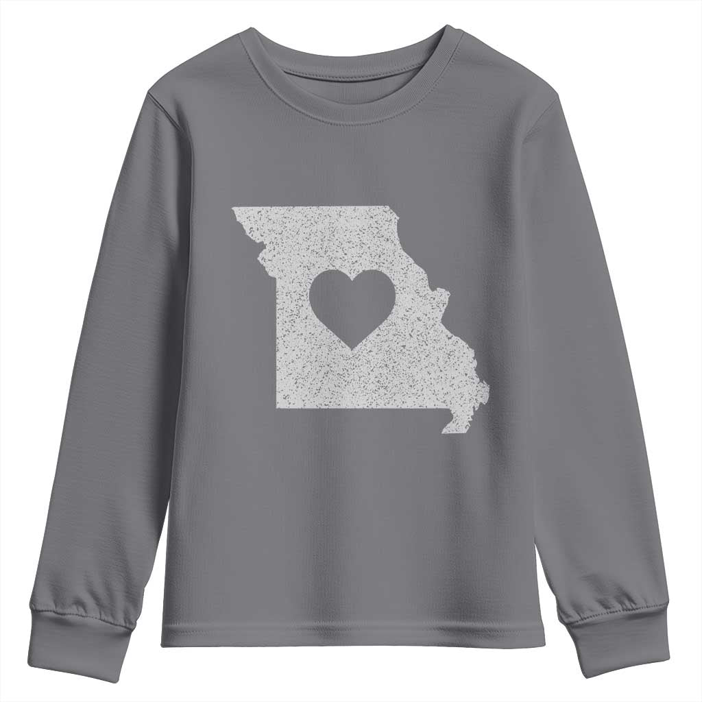 Missouri Home Distressed Missouri State Map with Heart Youth Sweatshirt