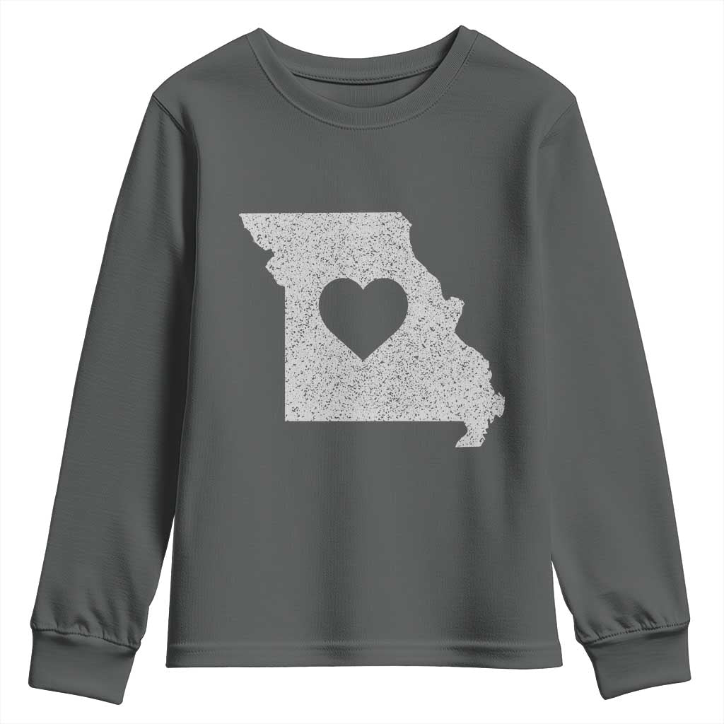 Missouri Home Distressed Missouri State Map with Heart Youth Sweatshirt