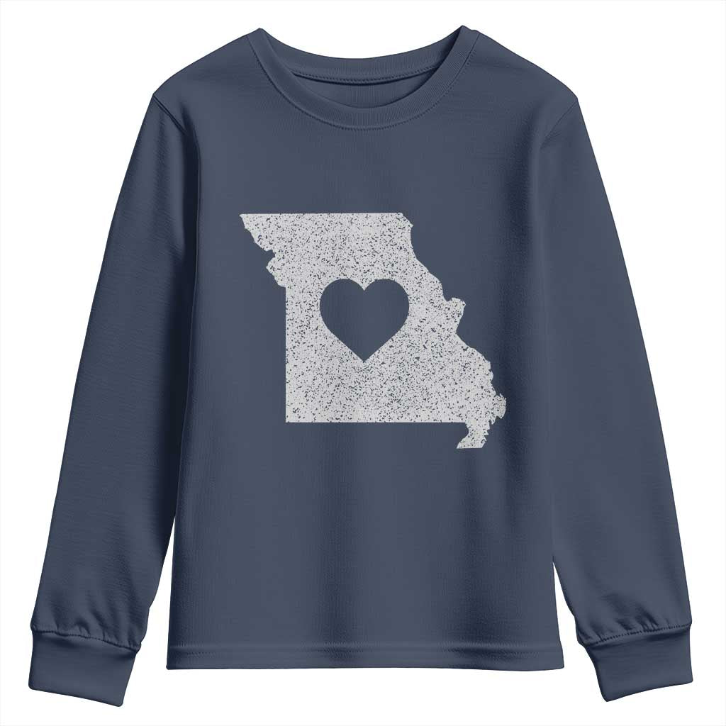 Missouri Home Distressed Missouri State Map with Heart Youth Sweatshirt