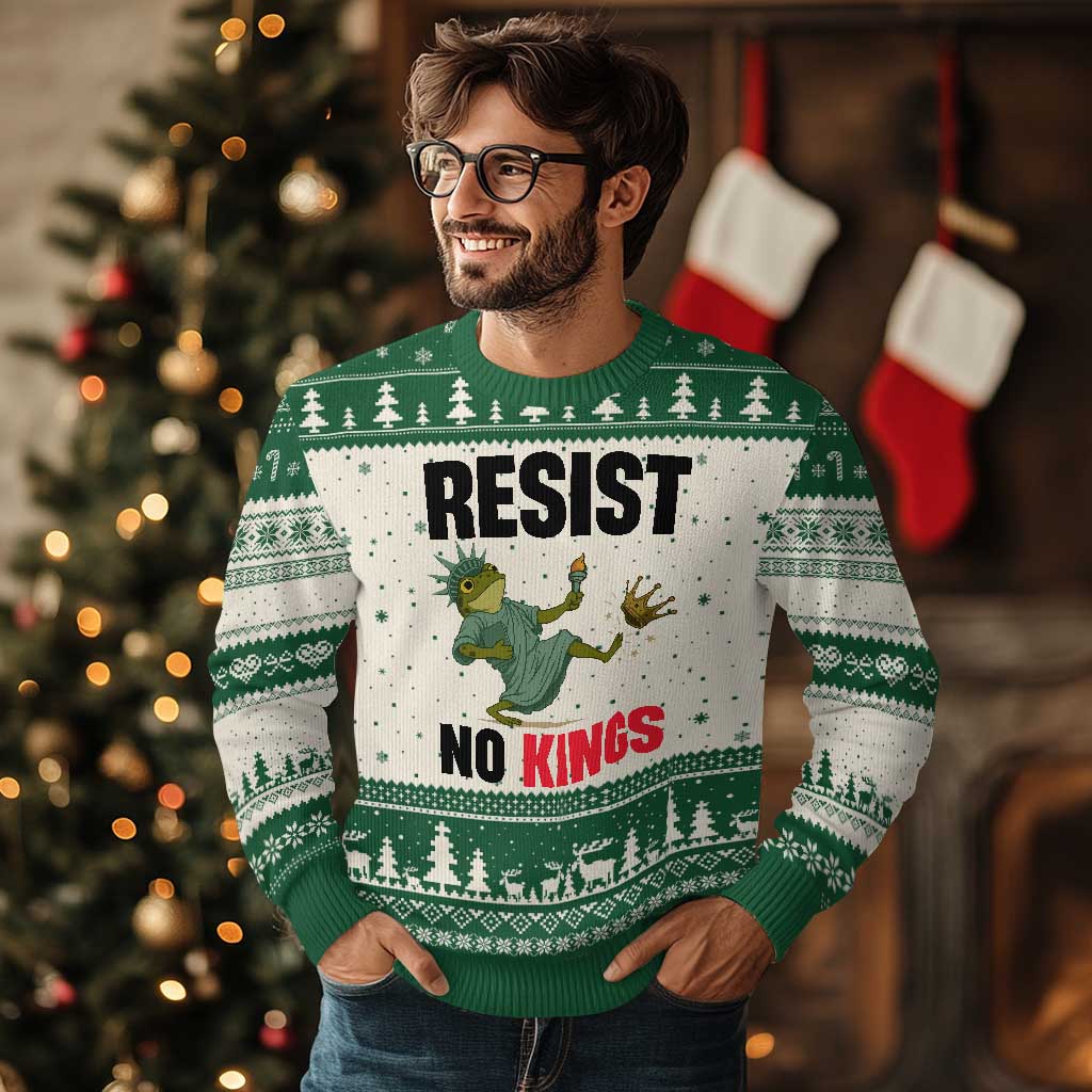Resist Frog Ugly Christmas Sweater No Kings In America Political 2025 TS14 Beige Green Print Your Wear