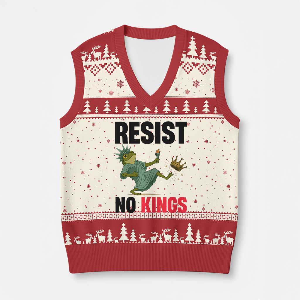 Resist Frog V-Neck Knit Sweater Vest No Kings In America Political 2025 - Print Your Wear