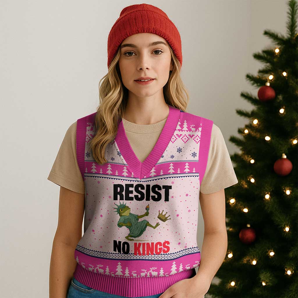 Resist Frog V-Neck Knit Sweater Vest No Kings In America Political 2025 TS14 Hot Pink Print Your Wear