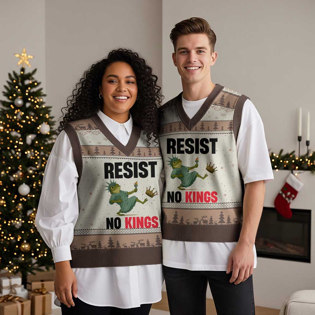 Resist Frog V-Neck Knit Sweater Vest No Kings In America Political 2025 TS14 Mocha Mousse Print Your Wear