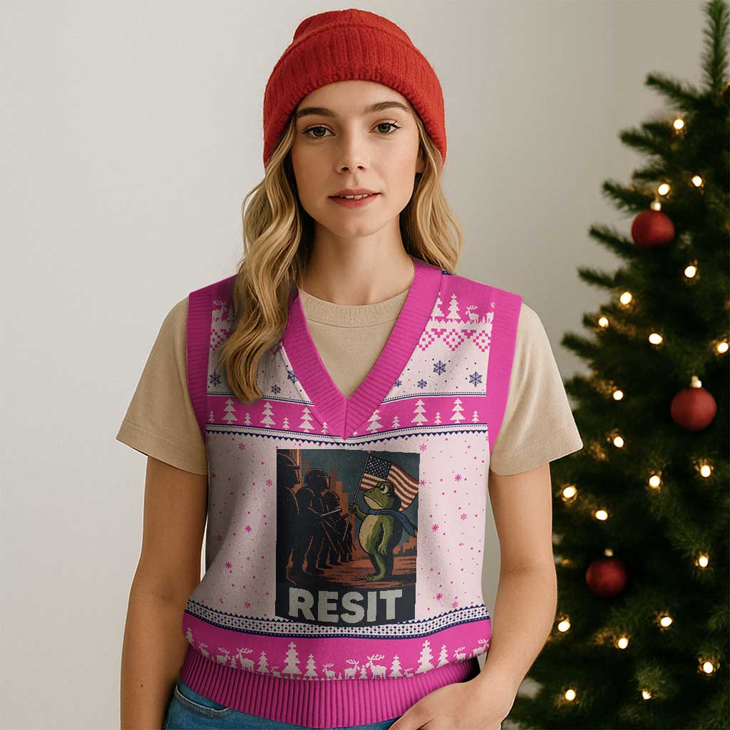 Resist Frog V-Neck Knit Sweater Vest Portland Frog Activist America Political 2025 TS14 Hot Pink Print Your Wear