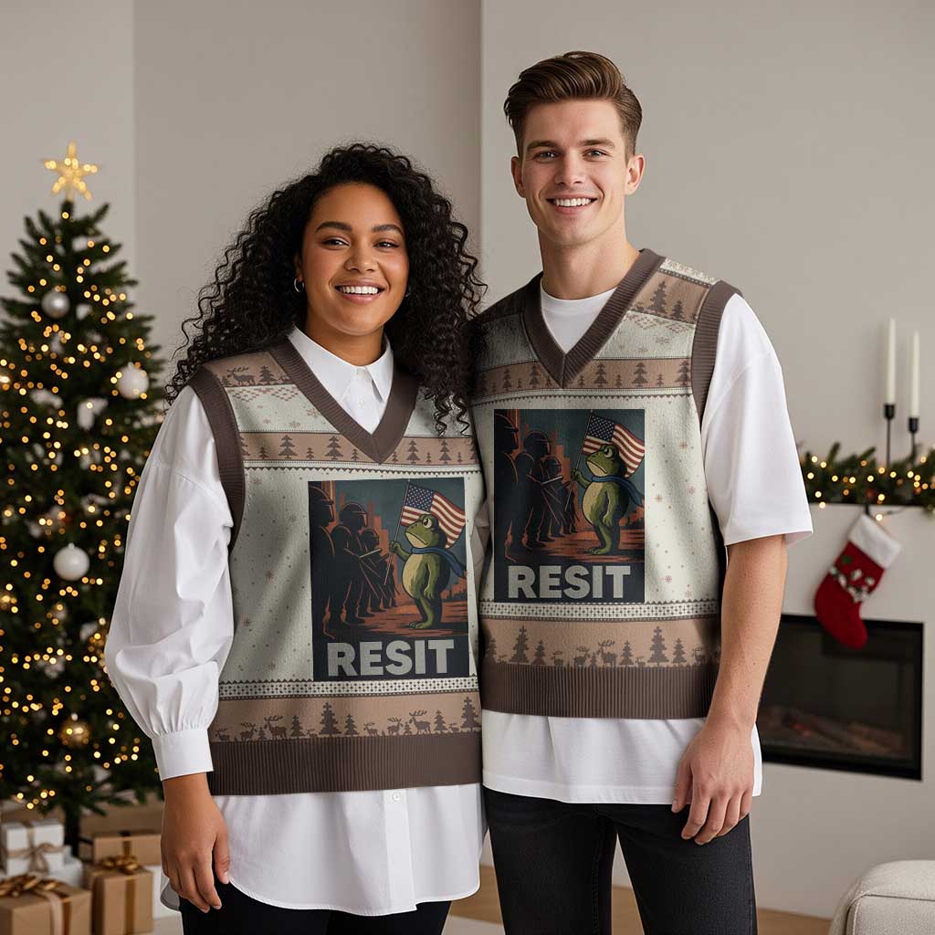 Resist Frog V-Neck Knit Sweater Vest Portland Frog Activist America Political 2025 TS14 Mocha Mousse Print Your Wear
