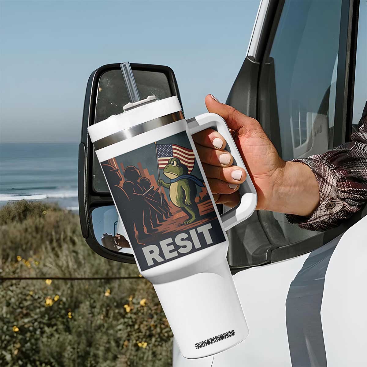 Resist Frog Tumbler With Handle Portland Frog Activist America Political 2025 TS14 Print Your Wear