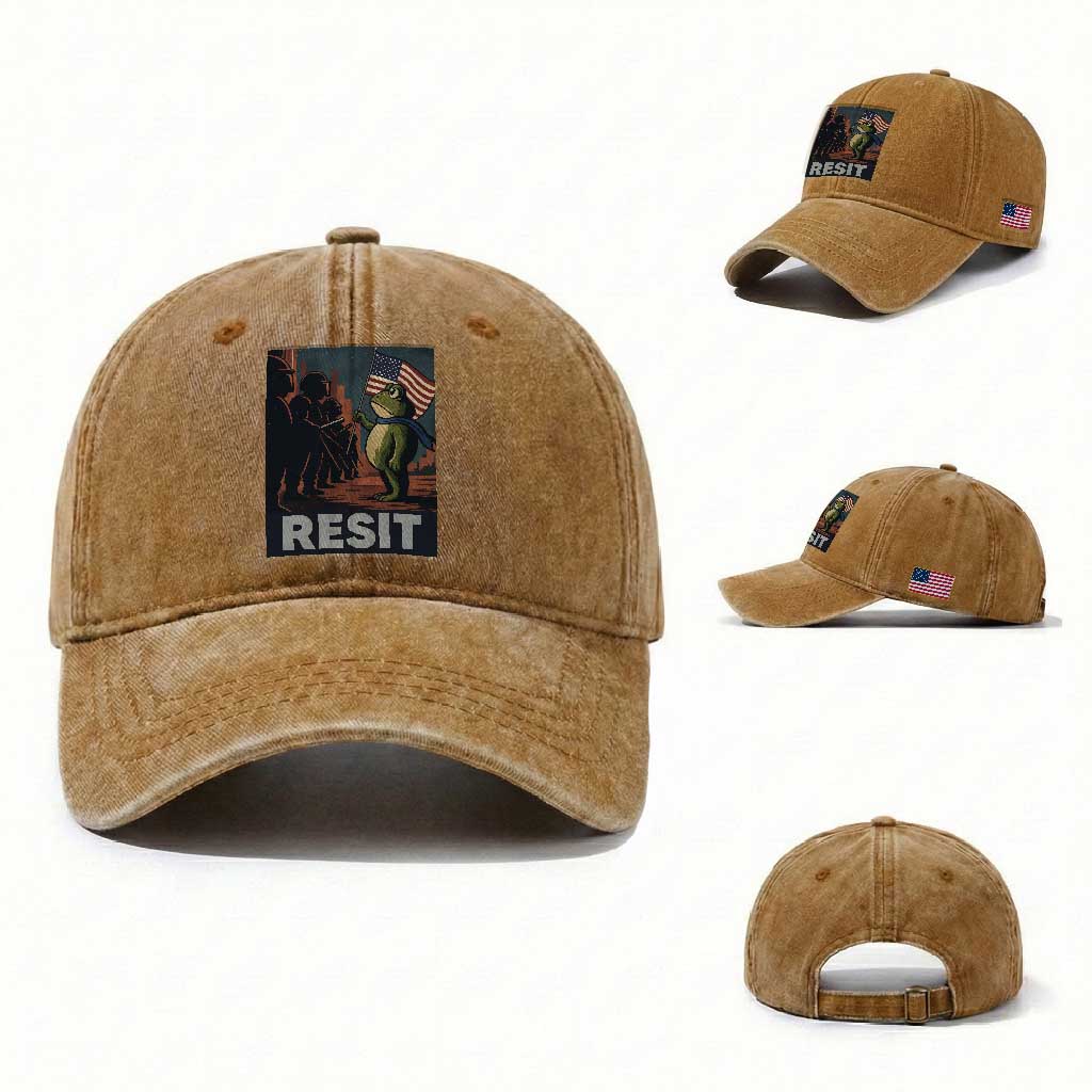 Resist Frog Washed Cotton Baseball Cap Portland Frog Activist America Political 2025 TS14 Washed Cap Universal Fit Yellow Ochre Print Your Wear