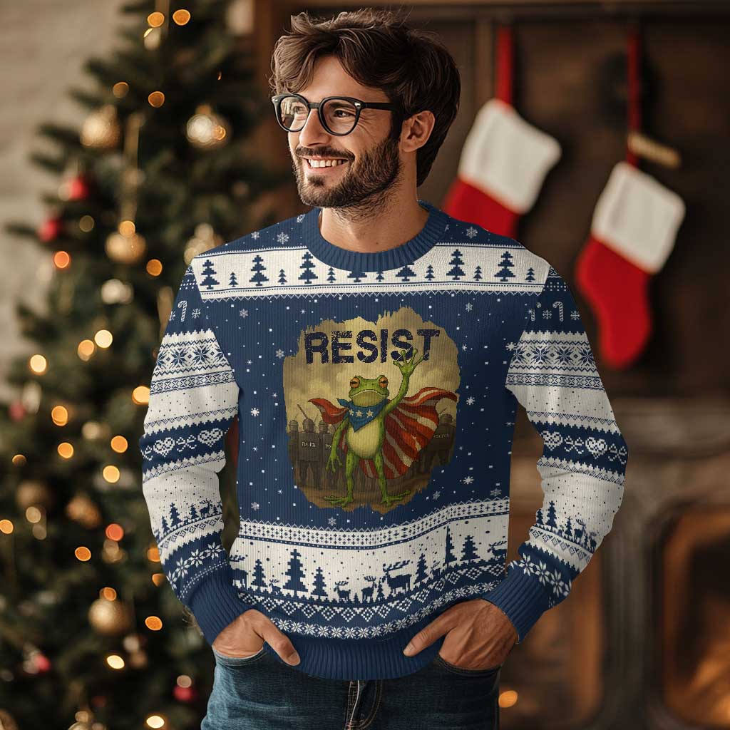 Resist Frog Christian Xmas Ugly Christmas Sweater Funny Polittical 2025 Meme TS14 Navy Beige Print Your Wear
