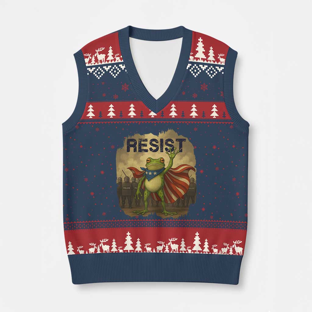Resist Frog Christian Xmas V-Neck Knit Sweater Vest Funny Polittical 2025 Meme - Print Your Wear
