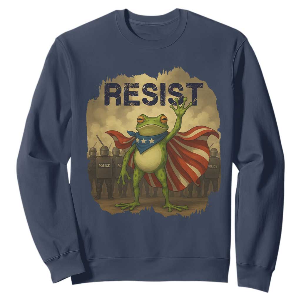 Resist Frog Christian Christmas Sweatshirt Funny Polittical 2025 Meme TS14 Navy Print Your Wear