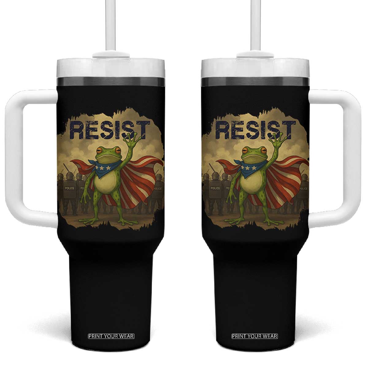 Resist Frog Christian Christmas Tumbler With Handle Funny Polittical 2025 Meme TS14 One Size: 40 oz Black Print Your Wear