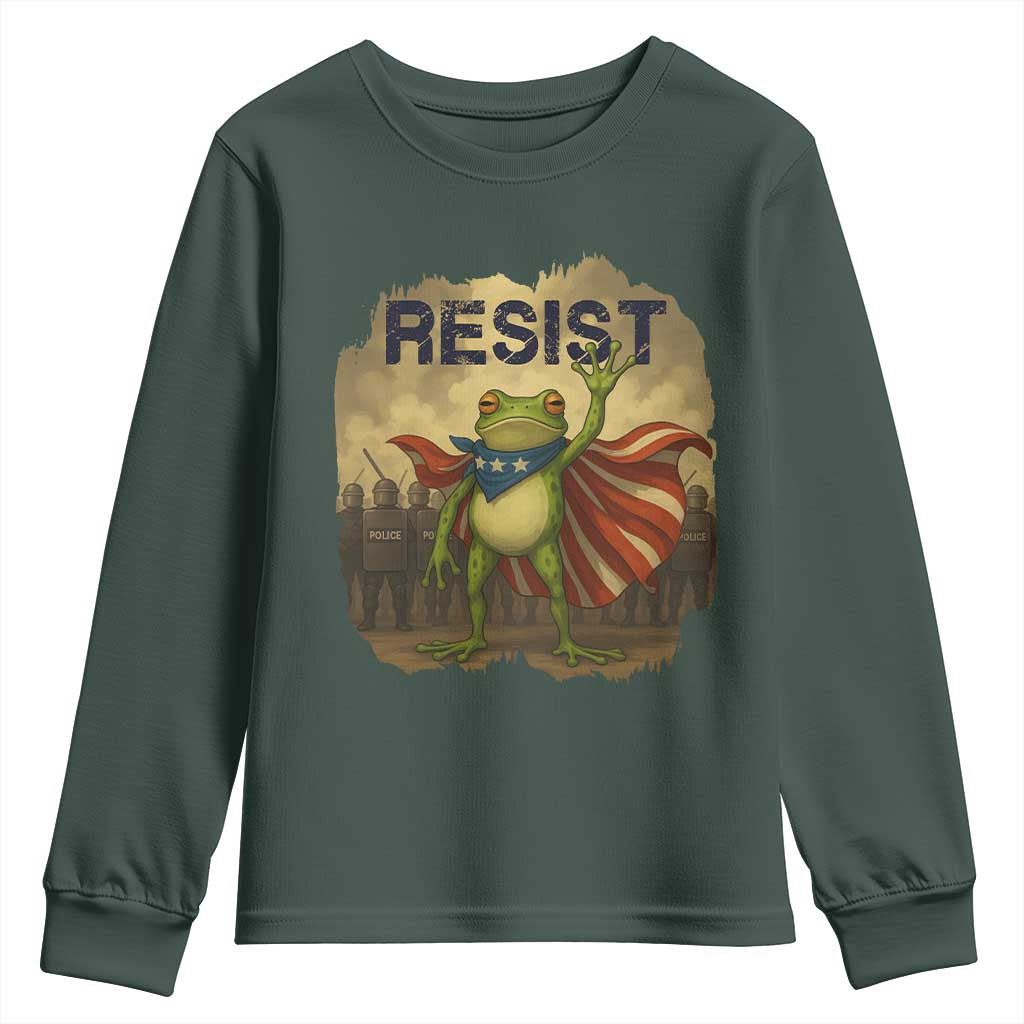 Resist Frog Christian Christmas Youth Sweatshirt Funny Polittical 2025 Meme TS14 Dark Forest Green Print Your Wear