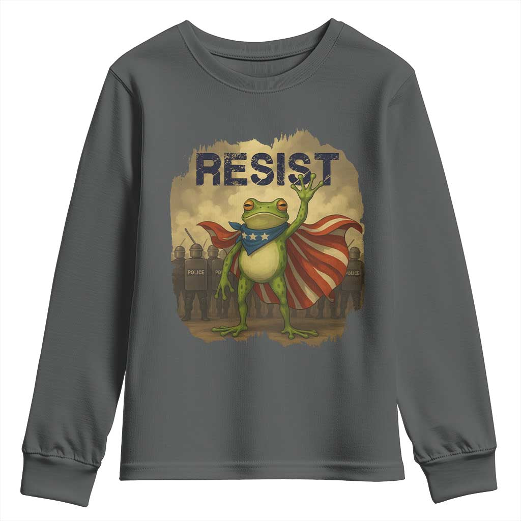 Resist Frog Christian Christmas Youth Sweatshirt Funny Polittical 2025 Meme TS14 Dark Heather Print Your Wear