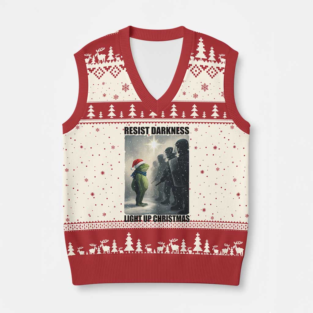 Frogs Resist Xmas V-Neck Knit Sweater Vest Funny Portland Protest ICE Activist Meme - Print Your Wear