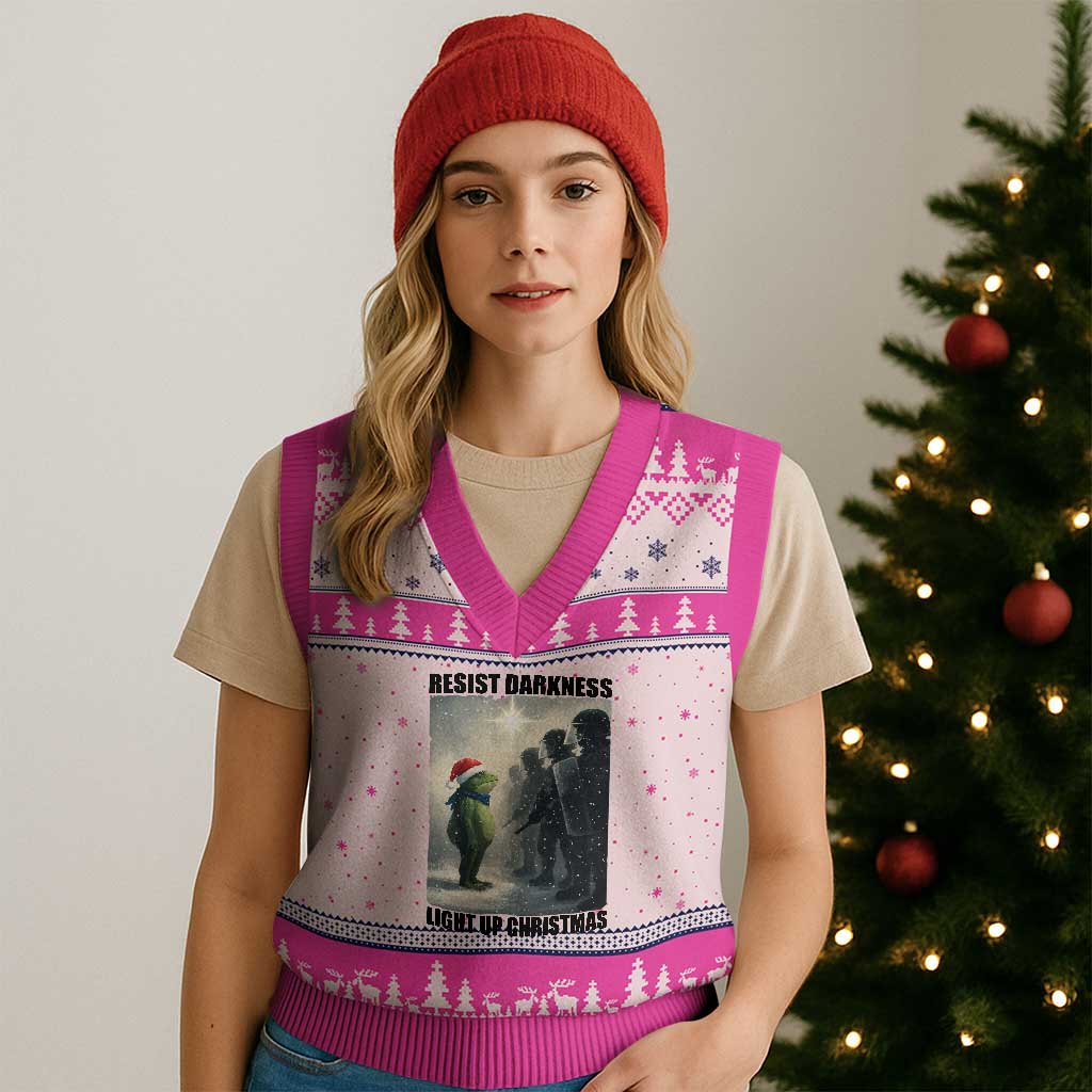 Frogs Resist Xmas V-Neck Knit Sweater Vest Funny Portland Protest ICE Activist Meme TS14 Hot Pink Print Your Wear