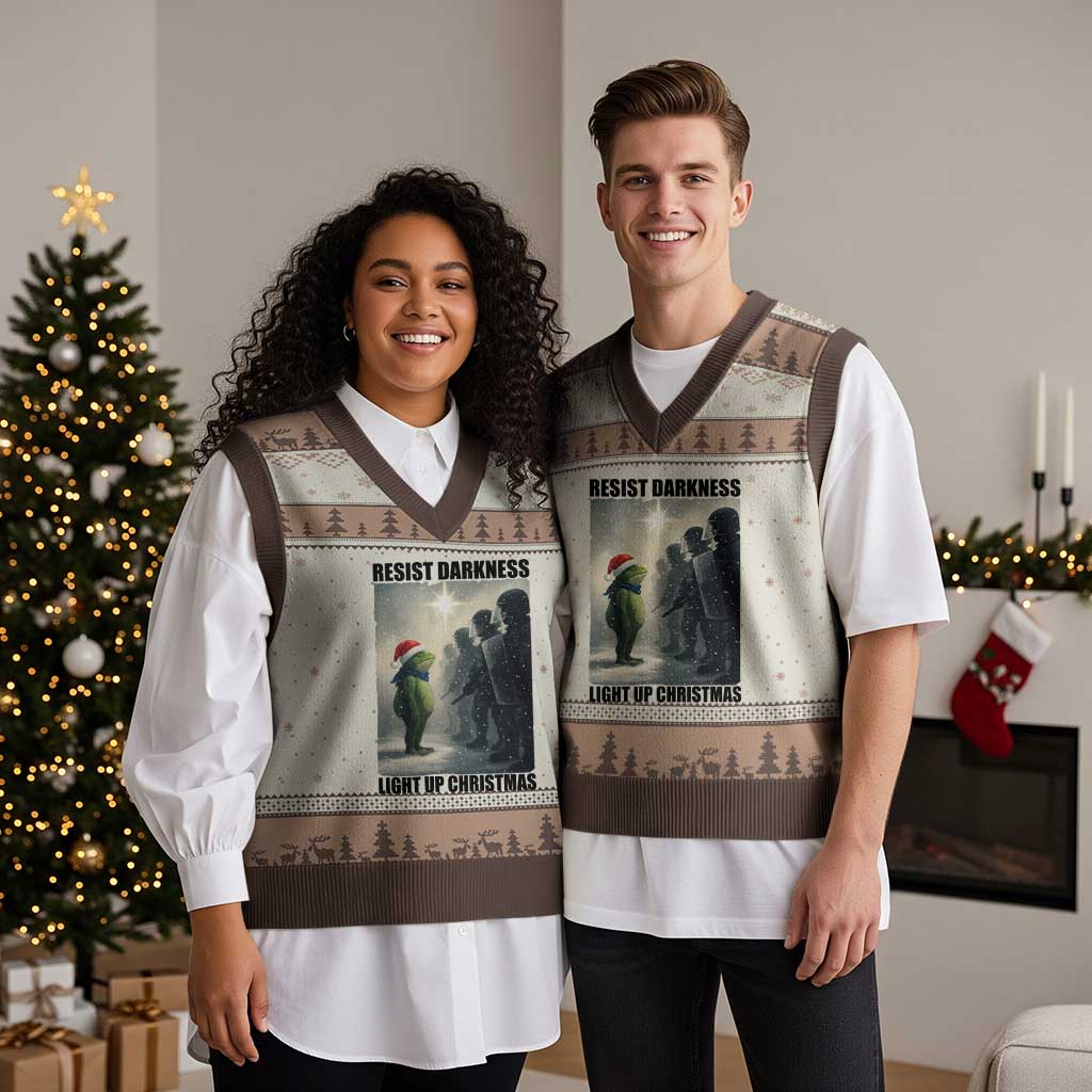 Frogs Resist Xmas V-Neck Knit Sweater Vest Funny Portland Protest ICE Activist Meme TS14 Mocha Mousse Print Your Wear