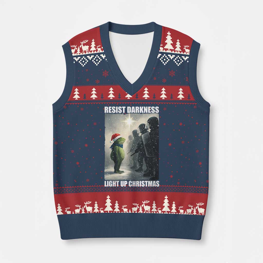 Resist Frog Xmas V-Neck Knit Sweater Vest Funny Portland Protest ICE Activist Meme - Print Your Wear