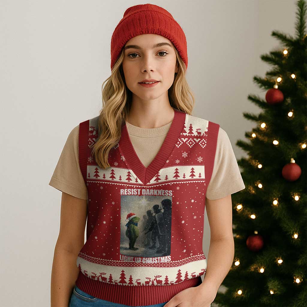 Resist Frog Xmas V-Neck Knit Sweater Vest Funny Portland Protest ICE Activist Meme TS14 Red Beige Print Your Wear