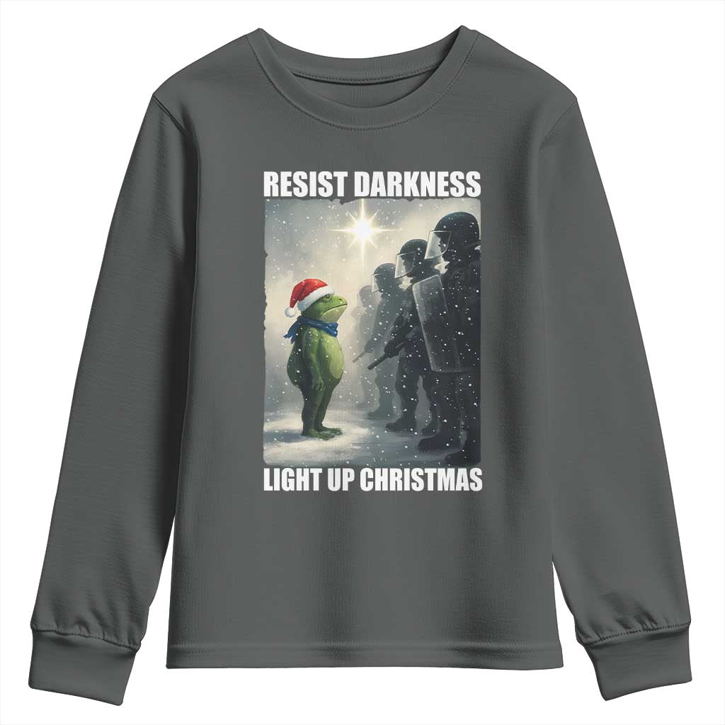 Resist Frog Christmas Youth Sweatshirt Funny Portland Protest ICE Activist Meme TS14 Dark Heather Print Your Wear