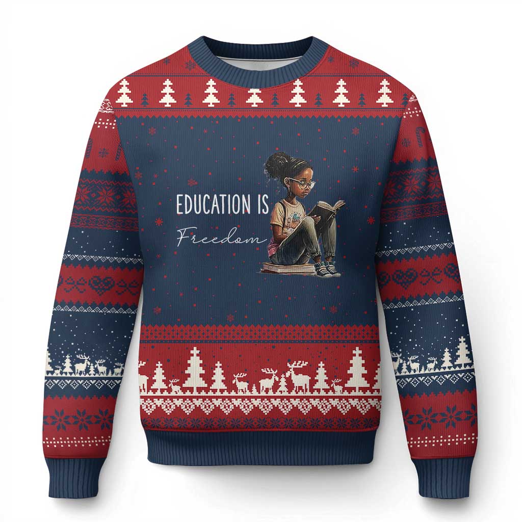 Education Freedom Ugly Christmas Sweater Black Teacher Books TS14 Navy Red Print Your Wear