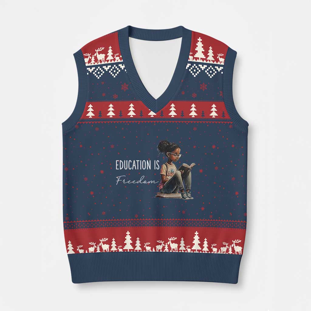 Education Freedom V-Neck Knit Sweater Vest Black Teacher Books TS14 Navy Red Print Your Wear