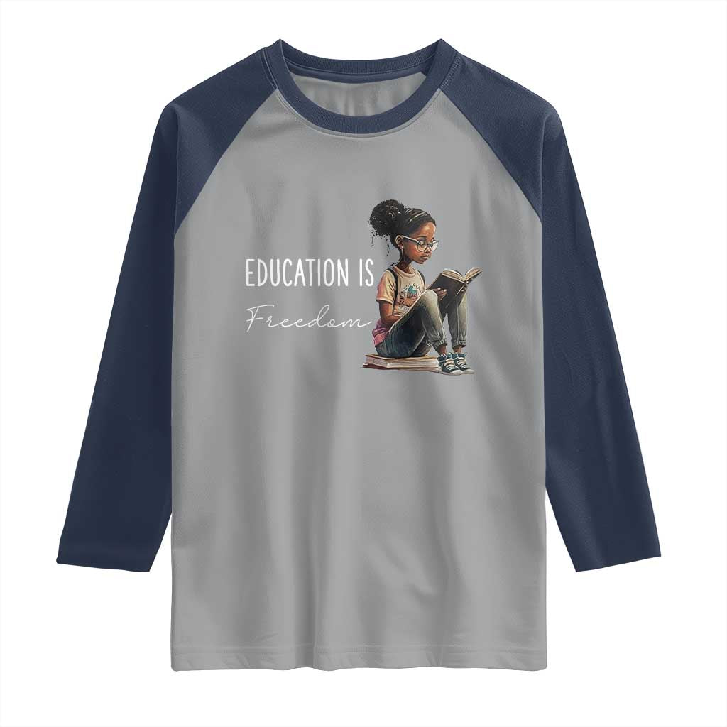 Education Freedom Raglan Shirt Black Teacher Books TS14 Sport Gray Navy Print Your Wear