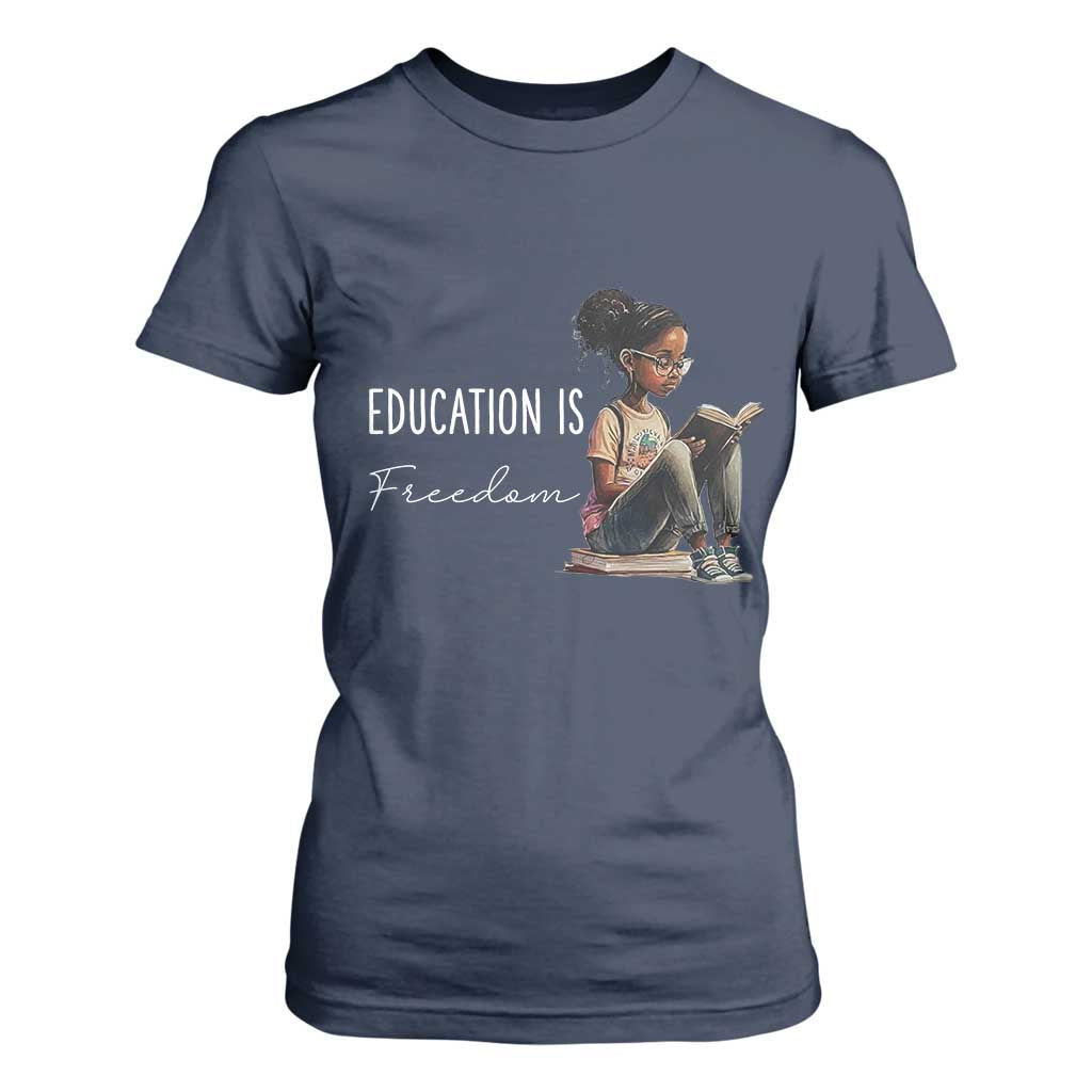Education Freedom T Shirt For Women Black Teacher Books TS14 Navy Print Your Wear
