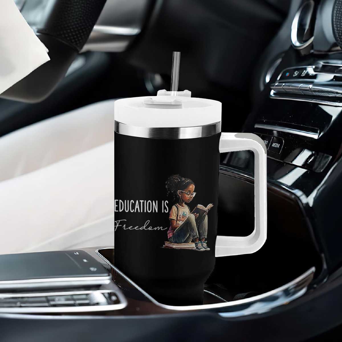 Education Freedom Tumbler With Handle Black Teacher Books TS14 Print Your Wear