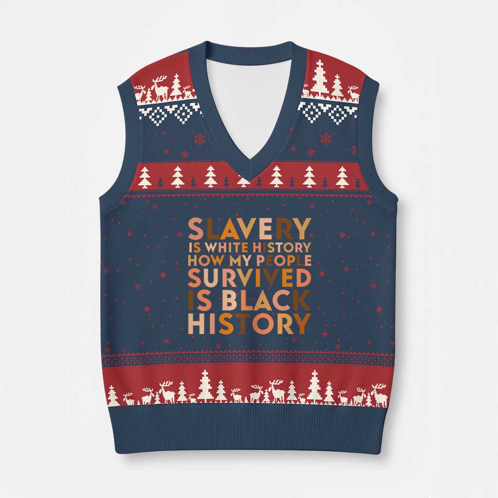 Black History Melanin V-Neck Knit Sweater Vest Slavery Is White History How My People Survived Is Black History TS14 Navy Red Print Your Wear