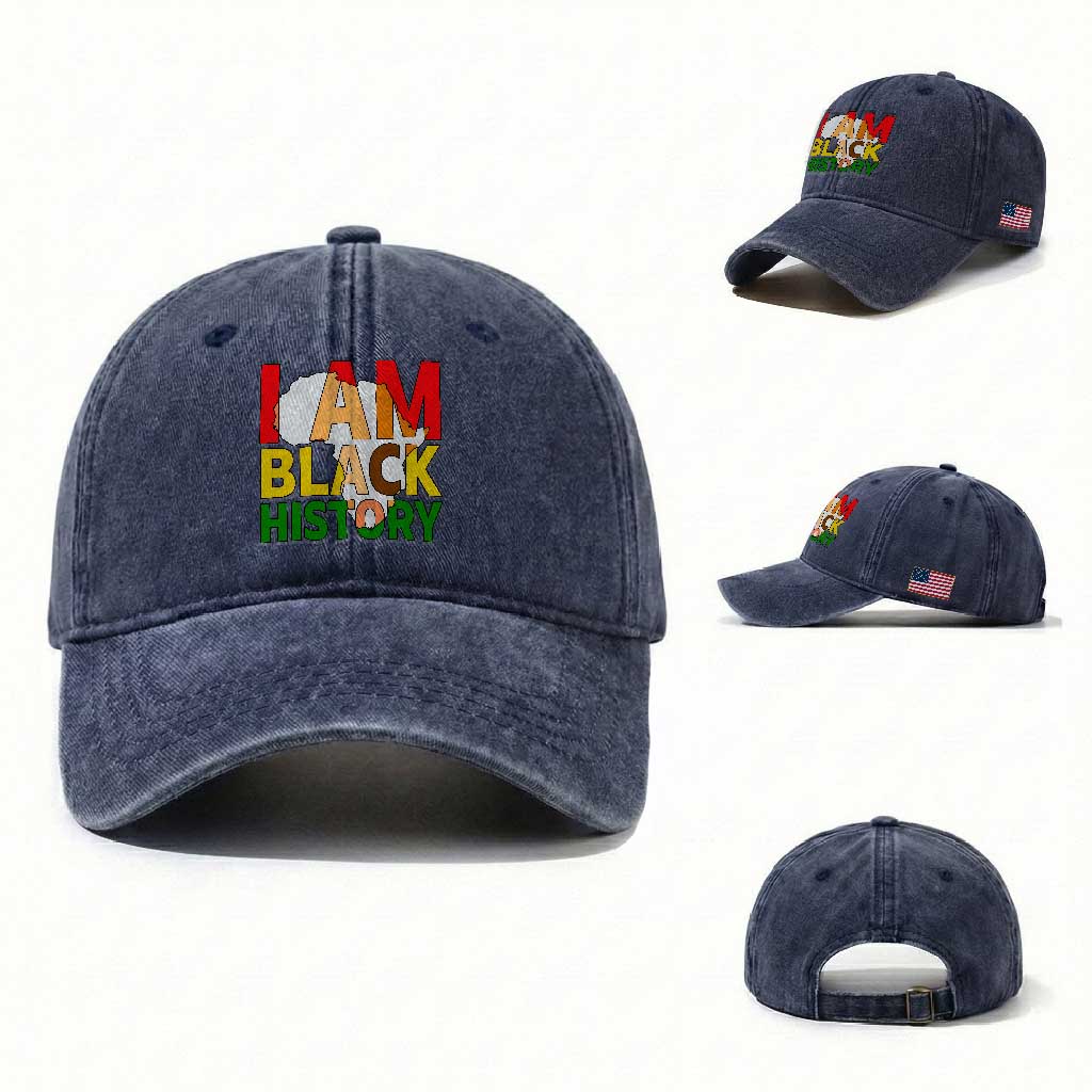 Black History Month African American Washed Cotton Baseball Cap I Am Black History TS14 Washed Cap Universal Fit Navy Print Your Wear