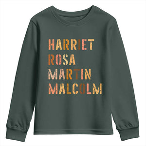 Black History Leaders Youth Sweatshirt Harriet Rosa Martin Malcolm TS14 Dark Forest Green Print Your Wear