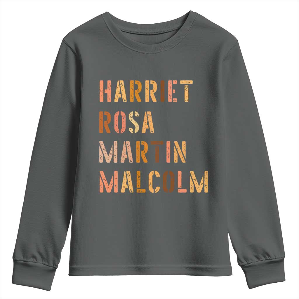 Black History Leaders Youth Sweatshirt Harriet Rosa Martin Malcolm TS14 Dark Heather Print Your Wear
