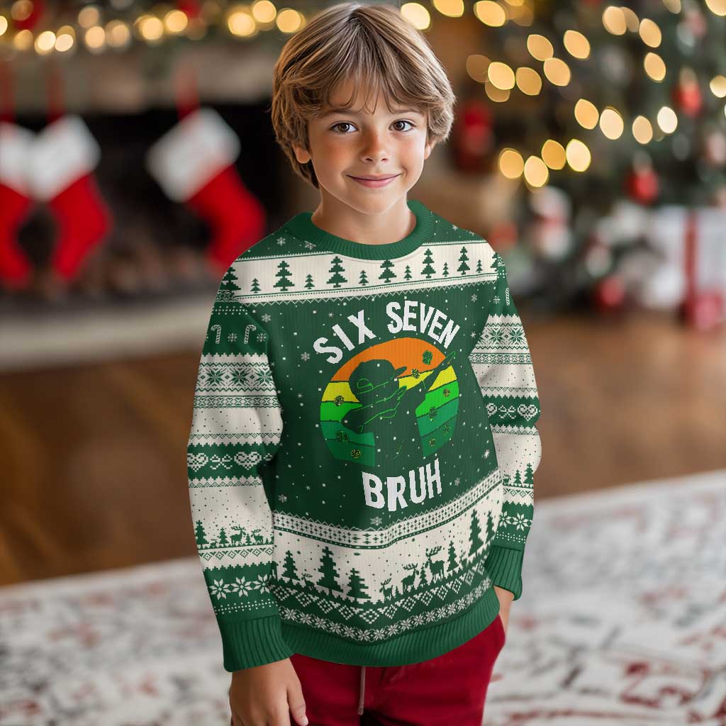 67 Bruh St Patricks Day Ugly Christmas Sweater Funny Six Seven Boys Kids Dabbing Meme TS14 Forest Green Beige Print Your Wear