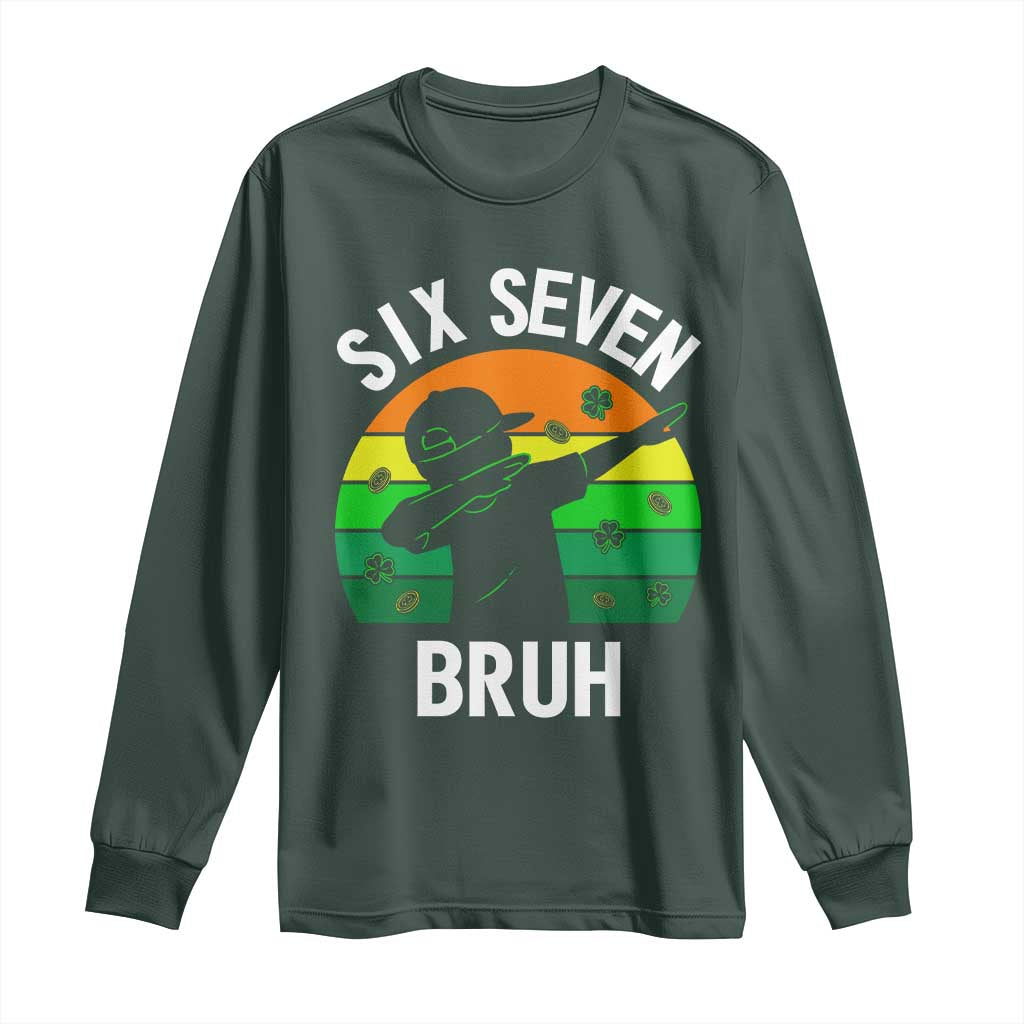 67 Bruh St Patricks Day Long Sleeve Shirt Funny Six Seven Boys Kids Dabbing Meme TS14 Dark Forest Green Print Your Wear