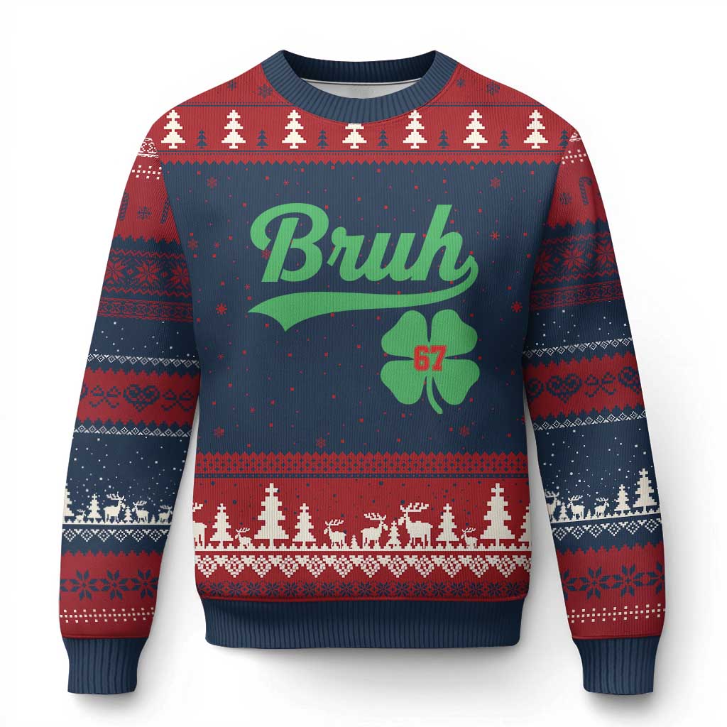 67 Bruh St Patricks Day Ugly Christmas Sweater Funny Six Seven Shamrock Meme TS14 Navy Red Print Your Wear
