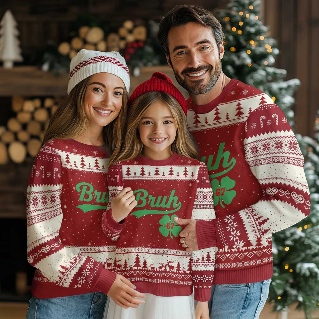 67 Bruh St Patricks Day Ugly Christmas Sweater Funny Six Seven Shamrock Meme TS14 Red Beige Print Your Wear
