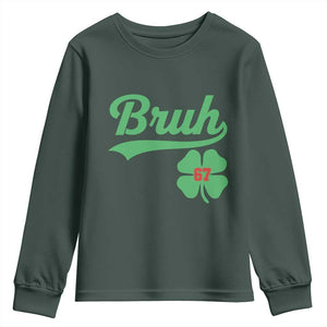 67 Bruh St Patricks Day Youth Sweatshirt Funny Six Seven Shamrock Meme TS14 Dark Forest Green Print Your Wear