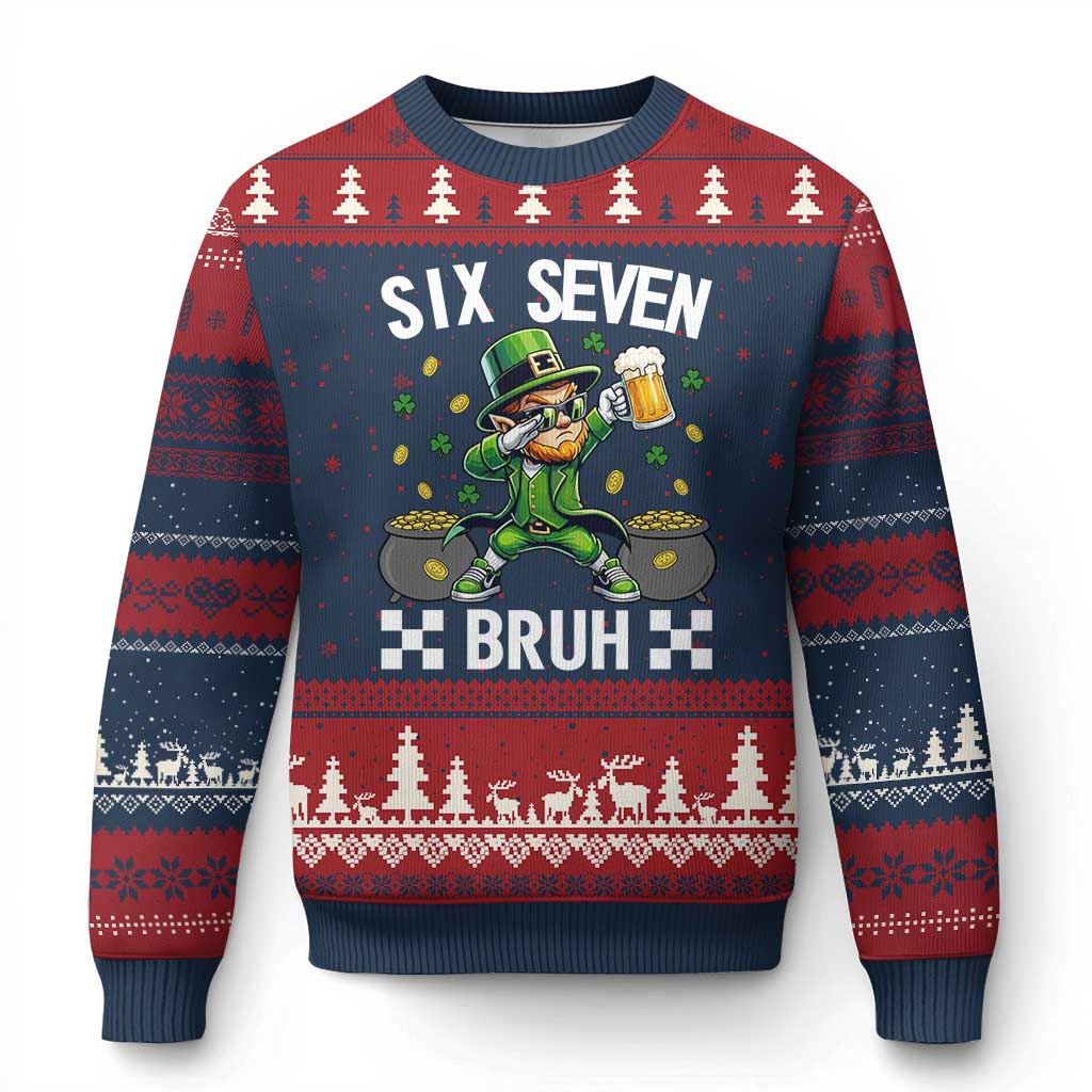 67 Bruh St Patricks Day Ugly Christmas Sweater Funny Six Seven Leprechaun Bruh Meme TS14 Navy Red Print Your Wear