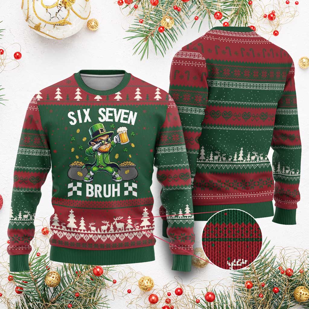 67 Bruh St Patricks Day Ugly Christmas Sweater Funny Six Seven Leprechaun Bruh Meme TS14 Red Green Print Your Wear