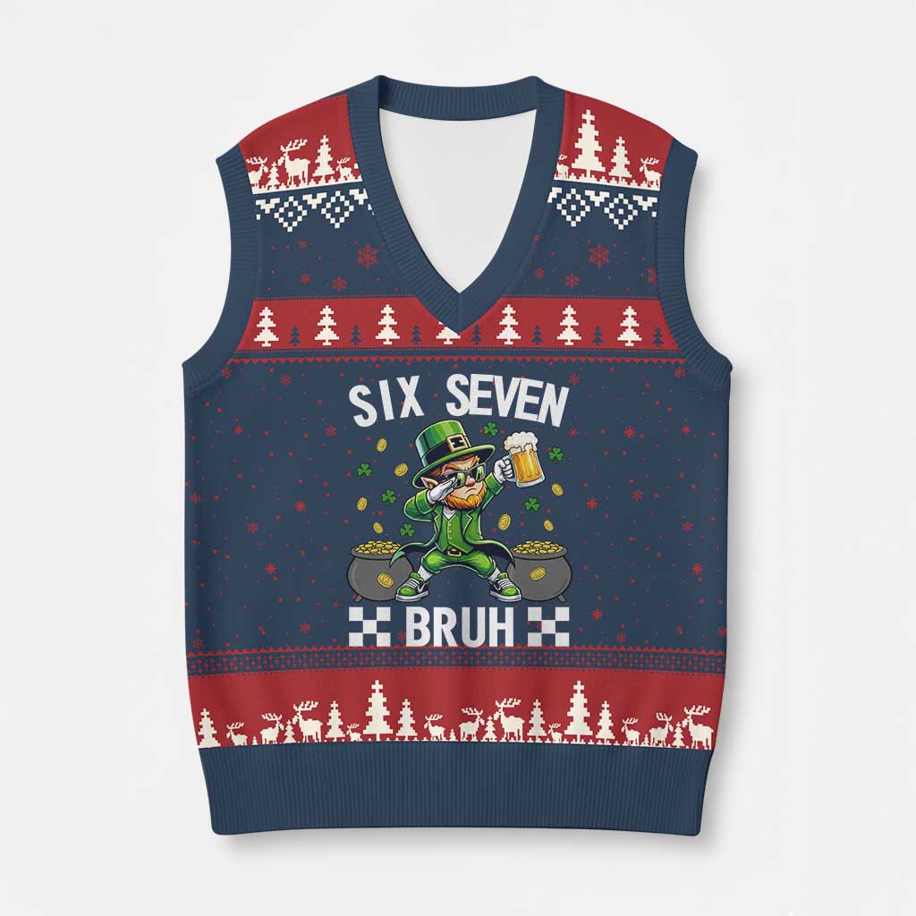 67 Bruh St Patricks Day V-Neck Knit Sweater Vest Funny Six Seven Leprechaun Bruh Meme TS14 Navy Red Print Your Wear