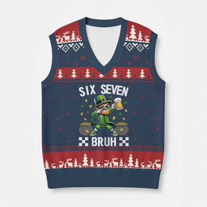 67 Bruh St Patricks Day V-Neck Knit Sweater Vest Funny Six Seven Leprechaun Bruh Meme TS14 Navy Red Print Your Wear