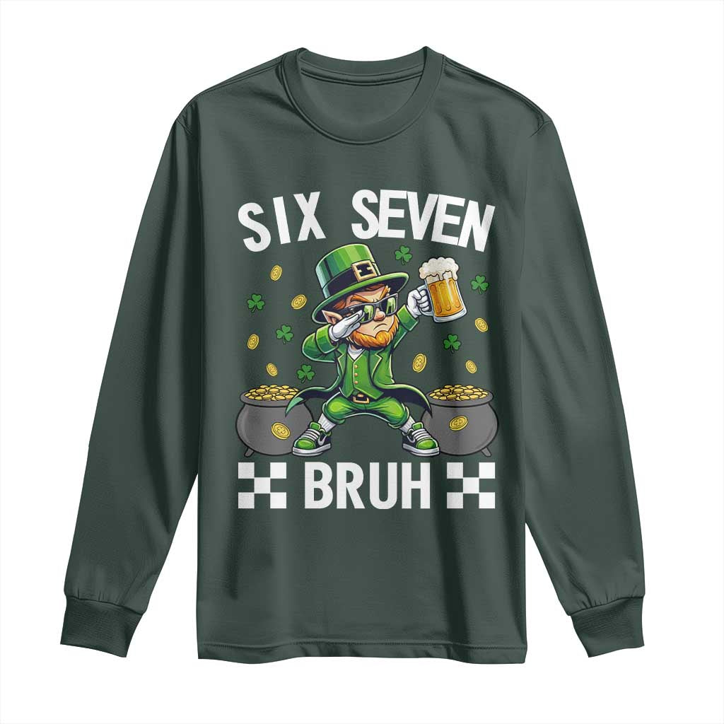 67 Bruh St Patricks Day Long Sleeve Shirt Funny Six Seven Leprechaun Bruh Meme TS14 Dark Forest Green Print Your Wear