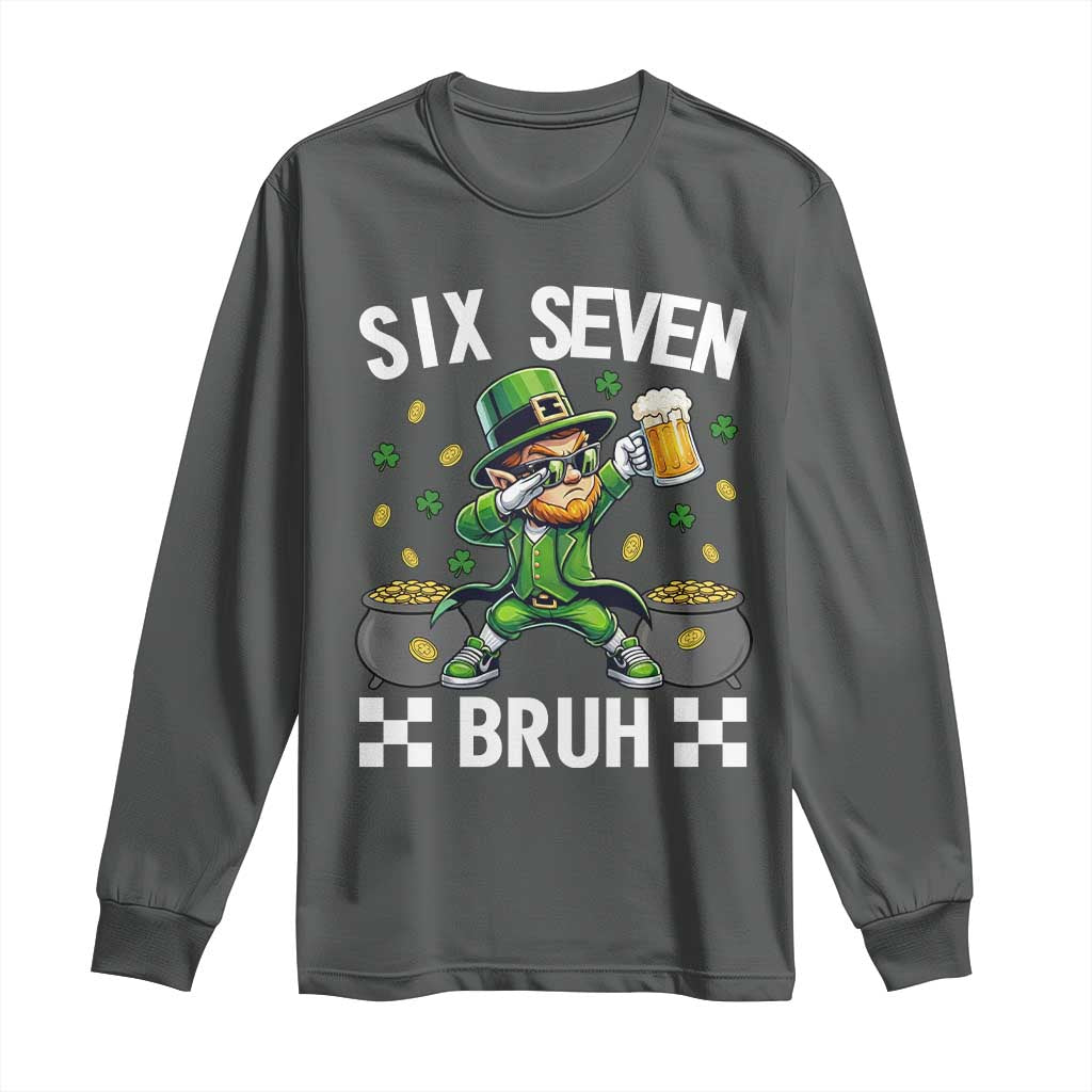 67 Bruh St Patricks Day Long Sleeve Shirt Funny Six Seven Leprechaun Bruh Meme TS14 Dark Heather Print Your Wear