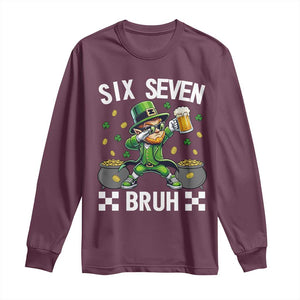 67 Bruh St Patricks Day Long Sleeve Shirt Funny Six Seven Leprechaun Bruh Meme TS14 Maroon Print Your Wear