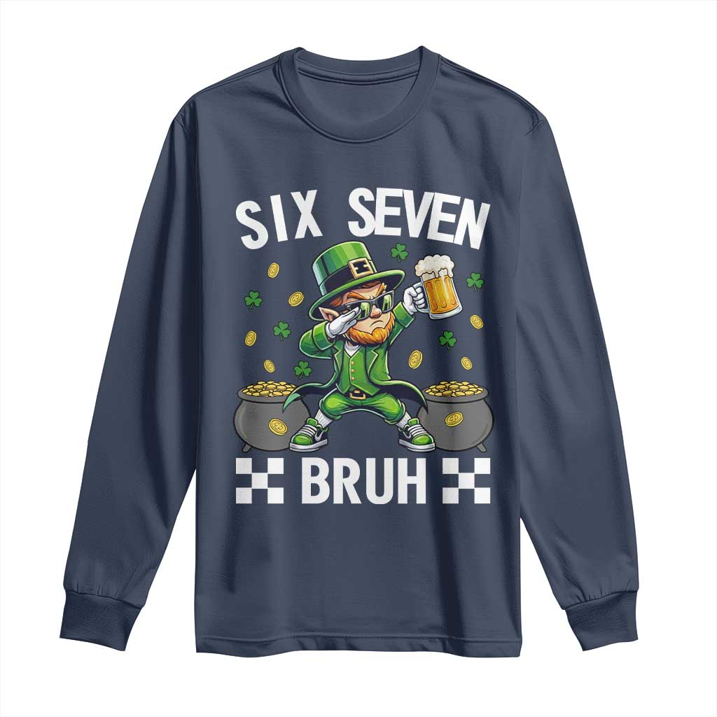 67 Bruh St Patricks Day Long Sleeve Shirt Funny Six Seven Leprechaun Bruh Meme TS14 Navy Print Your Wear