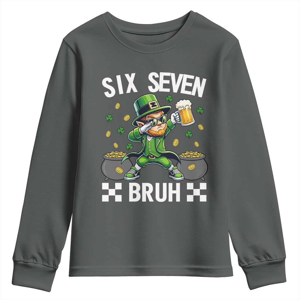 67 Bruh St Patricks Day Youth Sweatshirt Funny Six Seven Leprechaun Bruh Meme TS14 Dark Heather Print Your Wear
