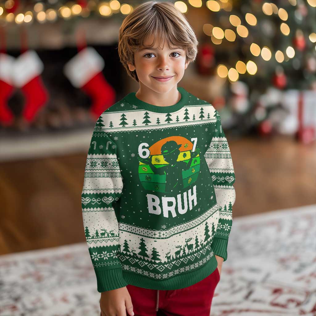 67 Bruh St Patricks Day Ugly Christmas Sweater Funny Six Seven Boys Kids Meme TS14 Forest Green Beige Print Your Wear