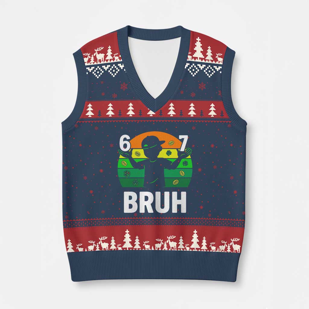 67 Bruh St Patricks Day V-Neck Knit Sweater Vest Funny Six Seven Boys Kids Meme TS14 Navy Red Print Your Wear