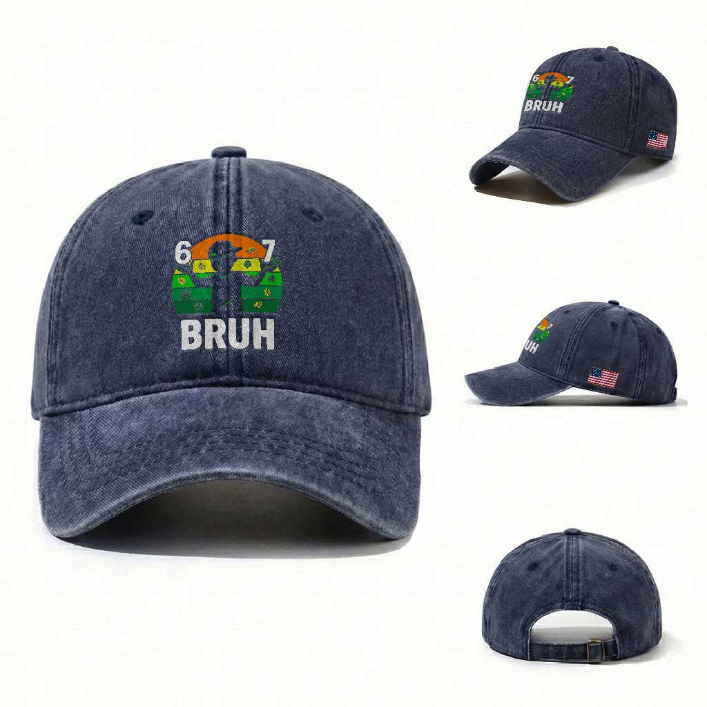 67 Bruh St Patricks Day Washed Cotton Baseball Cap Funny Six Seven Boys Kids Meme TS14 Washed Cap Universal Fit Navy Print Your Wear